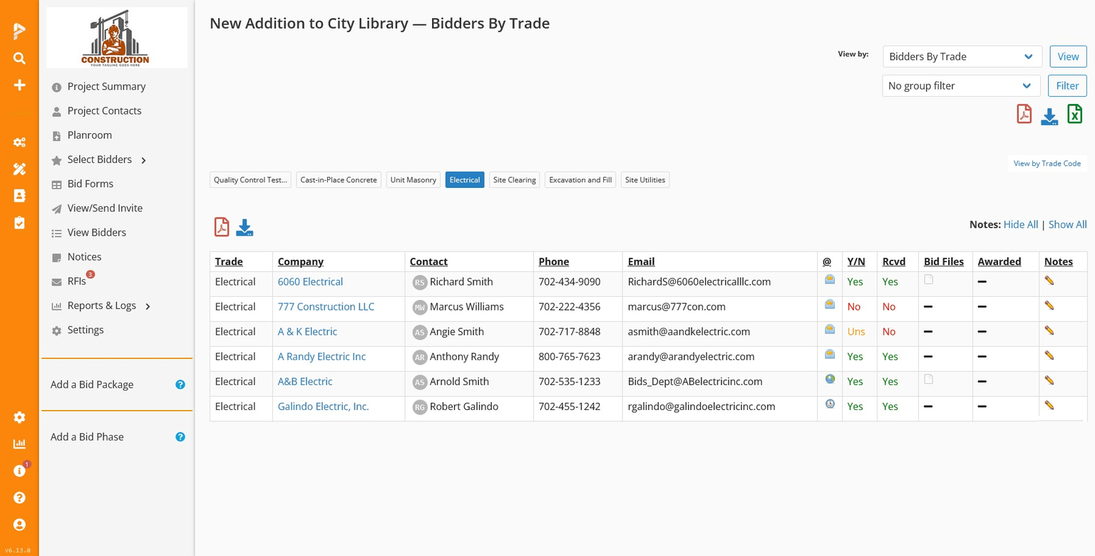 PreconSuite bidder list interface