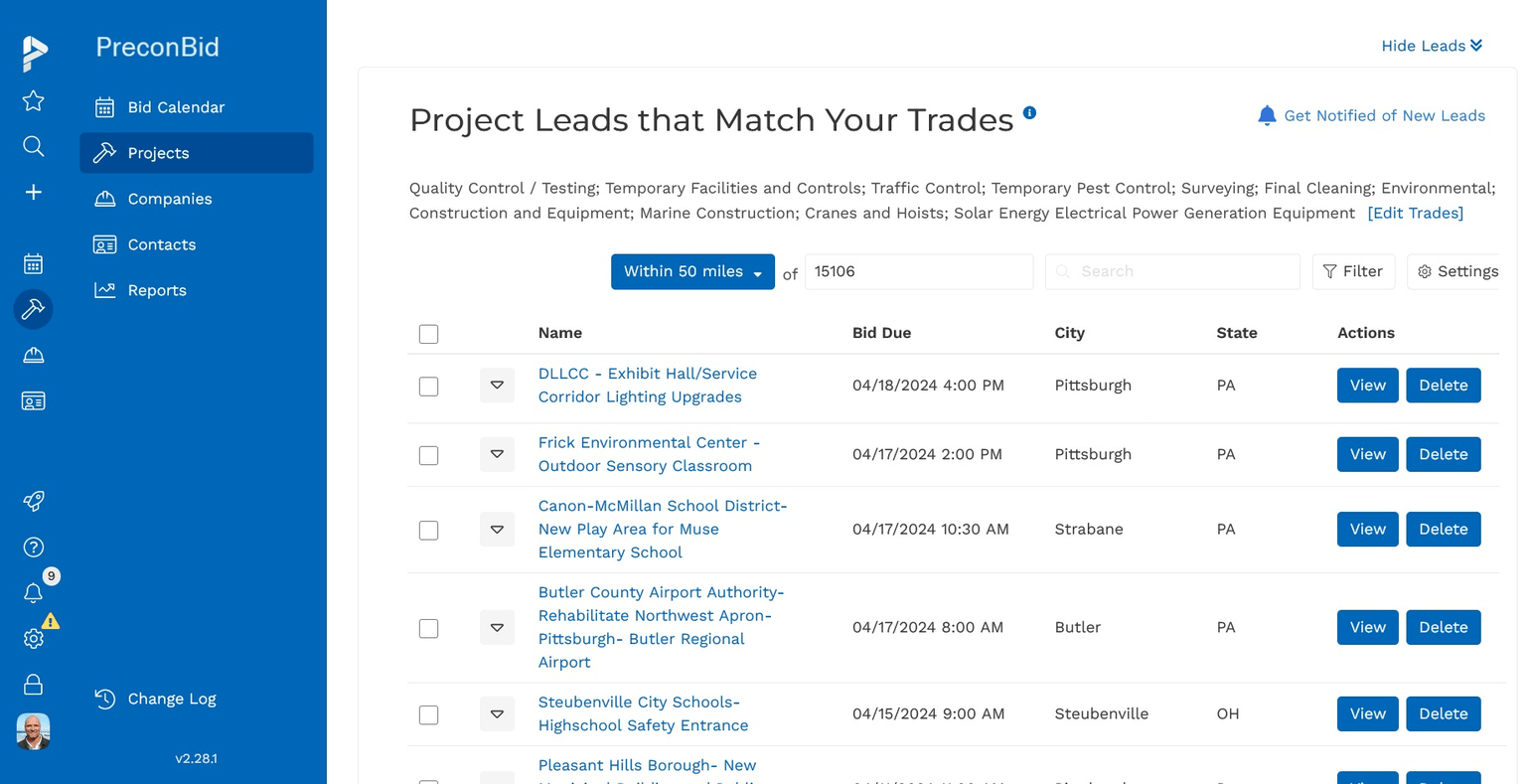 Find project leads with PreconBid